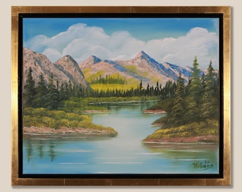 ORIGINAL Sierra Nevada Mountain Lake FRAMED SIGNED Plein Air Oil Painting American West Clouds Water Trees