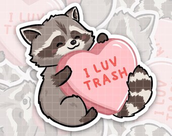 Sticker raton laveur I LUV TRASH, aimant drôle de panda poubelle, valentine drôle, lecteur livresques, décalcomanie bouteille d'eau, autocollant Kindle, autocollant ado