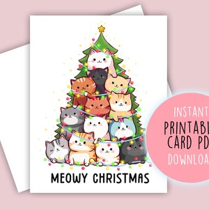 PRINTABLE Kawaii Holiday Cat Greeting Card, Cute Kitten Christmas, Cat Lady Holiday, Cute Cat Card, Cat Lover, Blank Card, Digital Download