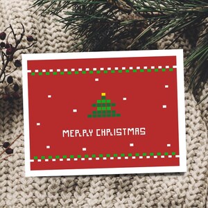 Geeky-kerstkaart, retro kerstkaarten, pixelkerstboom, 8-bits videogame, nerdy-wenskaart, pixelwenskaart, kerstkaart