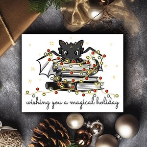 Magical Book Dragon Holiday Card, Cute Book Lover Christmas, Bookish Christmas Card, Card for Book Lover, Fantasy Holiday Card, Book Dragon