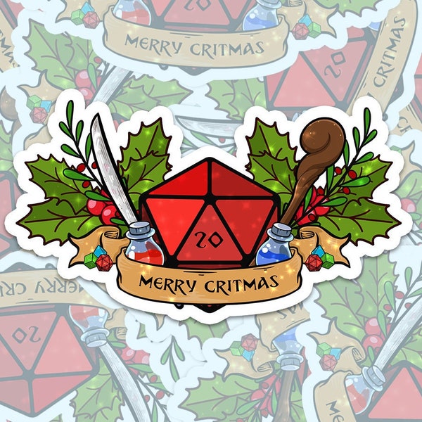 Merry Critmas Sticker, D20 sticker, Critical Hit, Natural 20, Stocking Stuffer, Gamer Christmas, Gift for Gamer, Nerdy Christmas