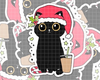 Christmas Cat Sticker, Meowy Christmas Sticker, Water Bottle and Laptop Decal, Kawaii Kindle Sticker, Stocking Stuffer, Gift for Cat Lover