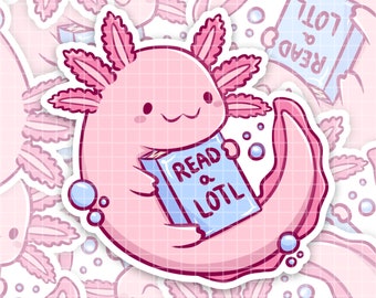 Readalotl、かわいいアホロートルの本好きステッカー、Kindleステッカー、本好きへのギフト、ウォーターボトルステッカー、ラップトップステッカー、かわいい本ステッカー