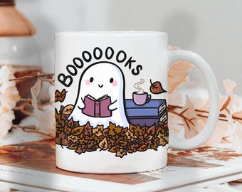 Cute Bookish Ghost Mug, Bookish Autumn Mug, Bookworm Coffee Cup, Teacher Gift, Fantasy Reader, Gifts for Readers, Kawaii Reader Ghost Mug