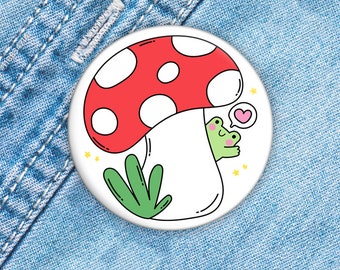 Green Frog Mushroom Pin, Bookish Pin, Kawaii Button, Frog Lover Magnet, Backpack Pin, Cute Lanyard Pin, Frog Lover Pin, 1.5"