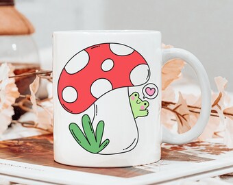 Green Frog Mushroom Mug, Cute Frog Lover Mug, Housewarming Coffee Cup, Mushroom Lover, Gift for Frog Lover, Bookish Mug, Kawaii Frog Mug