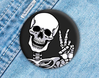 Skeleton Peace Sign Pin, Funny Skeleton Keychain, Bookbag Button, Hat Pin, Halloween Magnet, Halloween Keychain, Funny Gift, Peace sign