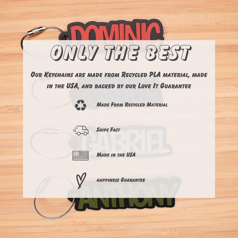 May include: Three personalized keychains with the names Dominic, Gabriel, and Anthony. The keychains are made from recycled PLA material and are backed by a love it guarantee. The keychains are made in the USA and ship fast.
