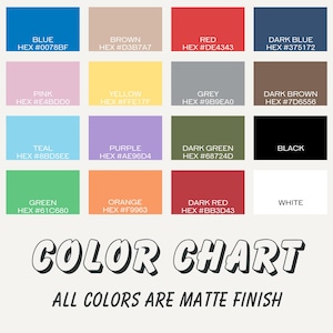 Color chart for personalized bag charms and name tags — 16 matte finish color options including blue, pink, yellow, purple, green, orange, red, black, and white