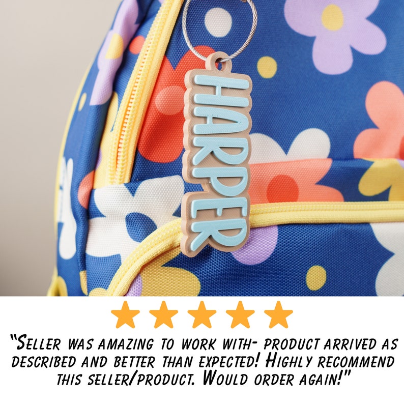 May include: A blue and yellow backpack with a floral pattern. A light blue and brown personalised keychain with the name "HARPER" is attached to the zipper pull.