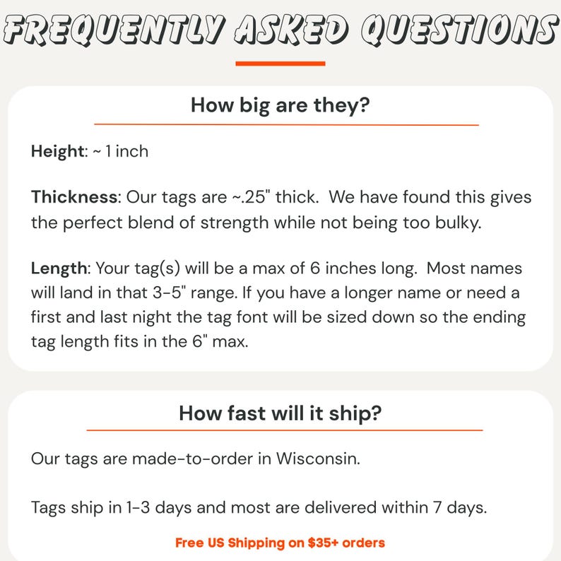 Frequently asked questions for personalized kids keychains — how to order, dimensions, shipping times from Wisconsin, and bulk order discount info