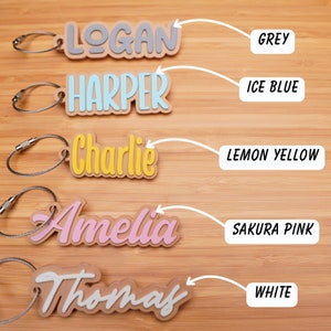 May include: Five personalised keychains with names "Logan", "Harper", "Charlie", "Amelia", and "Thomas" in different colours: grey, ice blue, lemon yellow, sakura pink, and white.