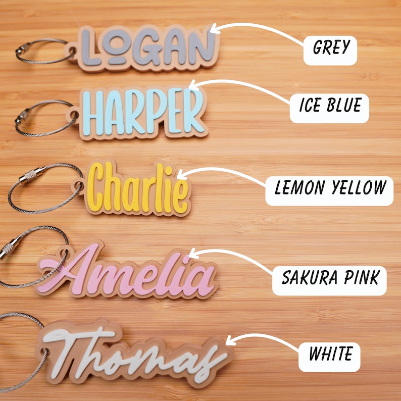 May include: Five personalised keychains with names "Logan", "Harper", "Charlie", "Amelia", and "Thomas" in different colours: grey, ice blue, lemon yellow, sakura pink, and white.