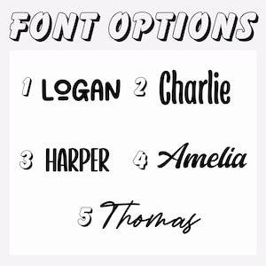 May include: A graphic showing five different font options for names. The options are numbered 1 through 5. The fonts are Logan, Charlie, Harper, Amelia, and Thomas.