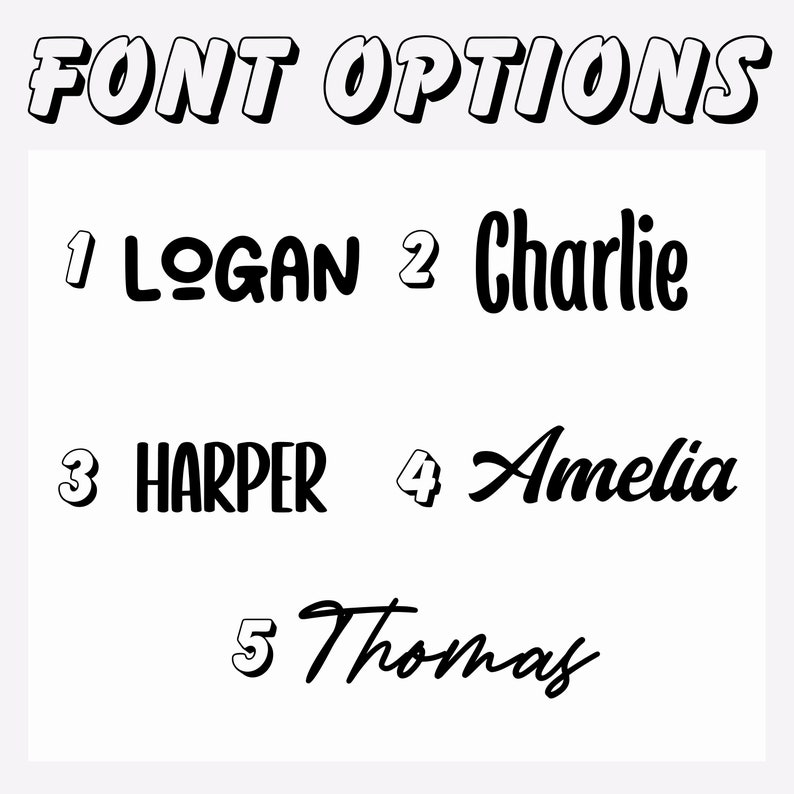 May include: A graphic showing five different font options for names. The options are numbered 1 through 5. The fonts are Logan, Charlie, Harper, Amelia, and Thomas.