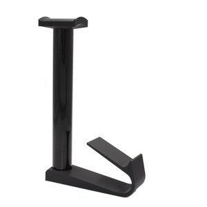 May include: Black plastic stand with a vertical post and a curved hook at the bottom. The stand is designed to hold a variety of items.