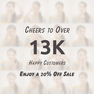 May include: A graphic with the text "Cheers to over 13K Happy Customers. Enjoy a 20% Off Sale." The background is a blurred image of many faces.