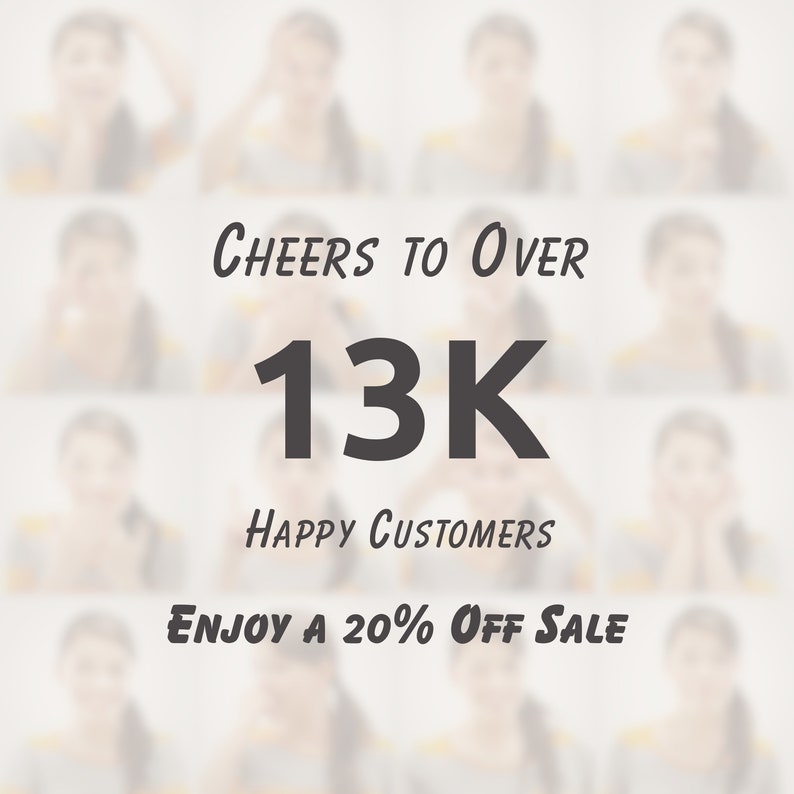 May include: A graphic with the text "Cheers to over 13K Happy Customers. Enjoy a 20% Off Sale." The background is a blurred image of many faces.