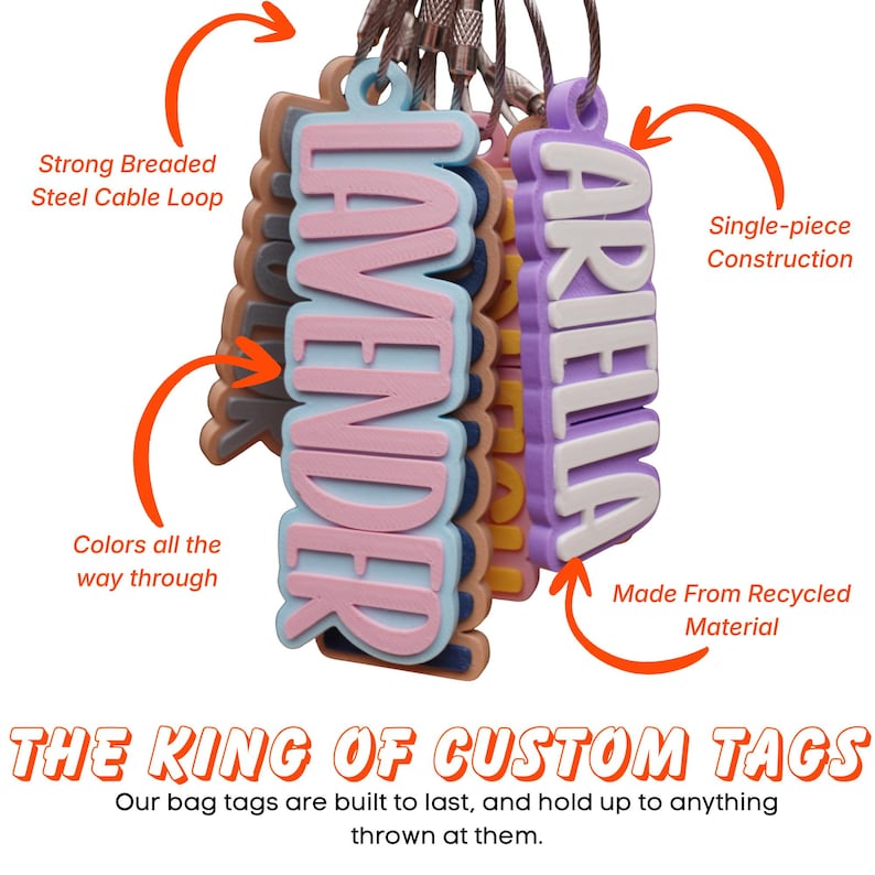 Custom keychain infographic featuring Lavender and Ariella nametags — strong braided steel cable loop, single-piece construction, colors all the way through