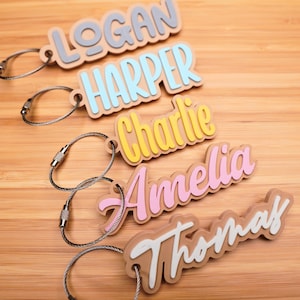 May include: Five personalised keychains with the names Logan, Harper, Charlie, Amelia, and Thomas. Each keychain has a different coloured name on a brown background with a silver metal chain.