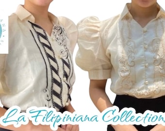 Barong philippin pour femmes avec manches bouffantes, les motifs peuvent varier (taille des Philippines, taille petit - veuillez consulter le tableau des tailles sur les photos)