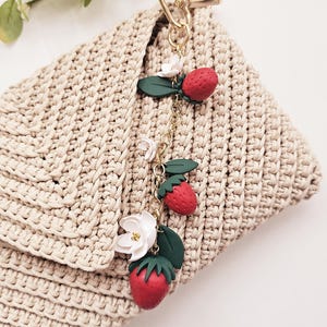 Handmade Polymer Clay Strawberry Blossom Bag Charm: Floral Fruit Keychain