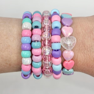kandi bracelet set in unicorn colors, made with pony beads, heart beads, free shipping, kandi set, rave/edm bracelets, double corded, PLUR