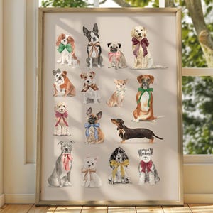 Dogs in Bows Watercolor Art Print, Tan Coquette Teen Room Decor Gender Neutral (Digital Download)