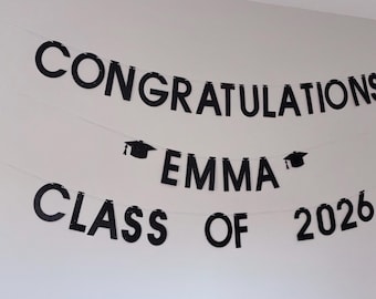 Personalized Congratulations Glitter Graduation Banner, Class of 2026, Custom Name