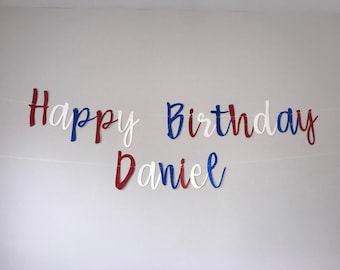 Personalized 4th of July Birthday Banner, Red White Blue Glitter