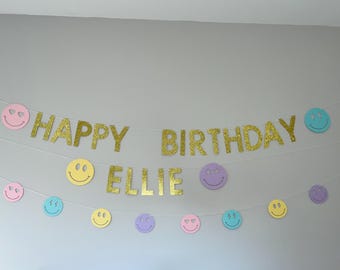 Custom Glitter Happy Birthday Banner, Smiley Face Party Decor