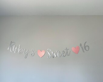 Personalized Glitter Sweet 16 Birthday Banner, Custom Name