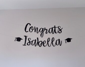 Personalized Congrats Glitter Graduation Banner, Custom Name Graduation Party Decor