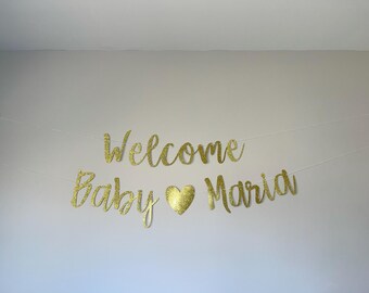 Personalized Glitter Baby Shower Banner, Welcome Baby with Custom Name