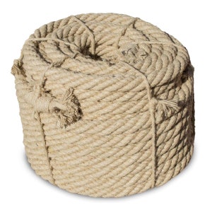 May include: A large coil of natural fiber rope, likely sisal or hemp, with a natural beige color. The rope is tightly wound and has a rough, textured surface.