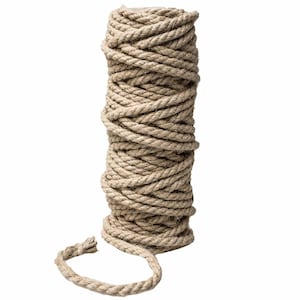 May include: A roll of natural brown jute rope, with a length of rope extending from the roll.