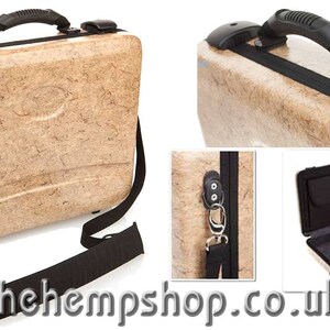 May include: A beige hard-shell case with a black handle and shoulder strap. The case has a zipper closure and a lock. The case is open to reveal a black interior with compartments.