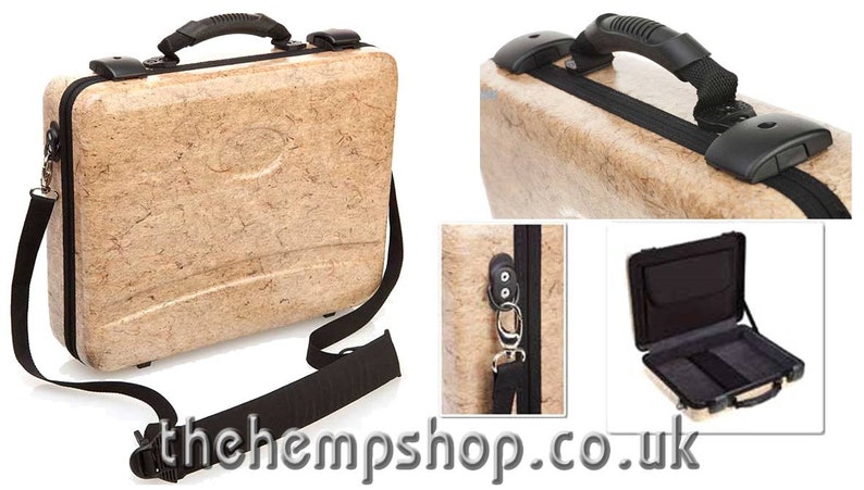 May include: A beige hard-shell case with a black handle and shoulder strap. The case has a zipper closure and a lock. The case is open to reveal a black interior with compartments.