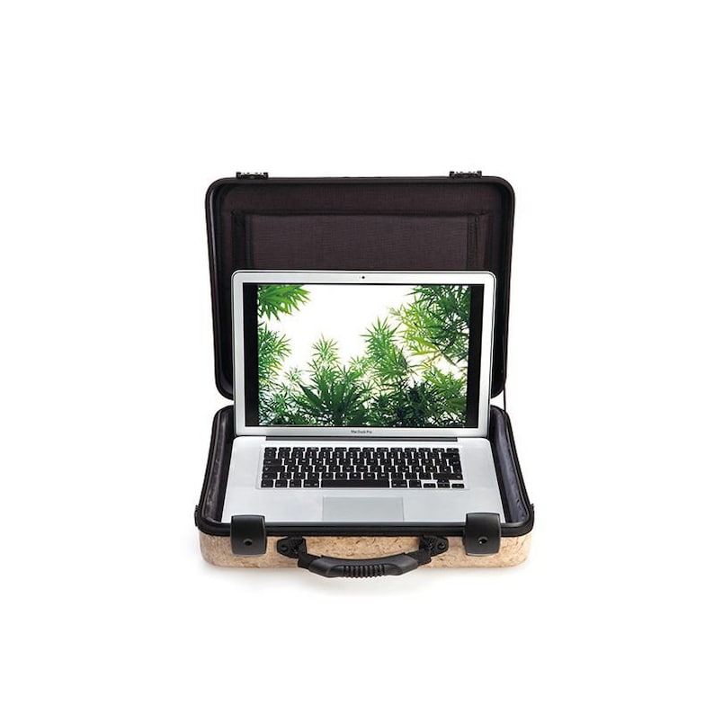 May include: A laptop computer with a green leafy background on the screen is inside a brown and black hard-shell case with a handle.