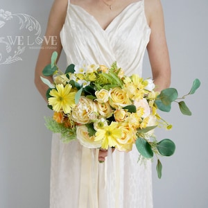 Vibrant Yellow Roses Pink Peonies  Wedding Bouquet, Rustic Bridal Shower Bouquet, Beach Photoshoots Accessories, Home decor