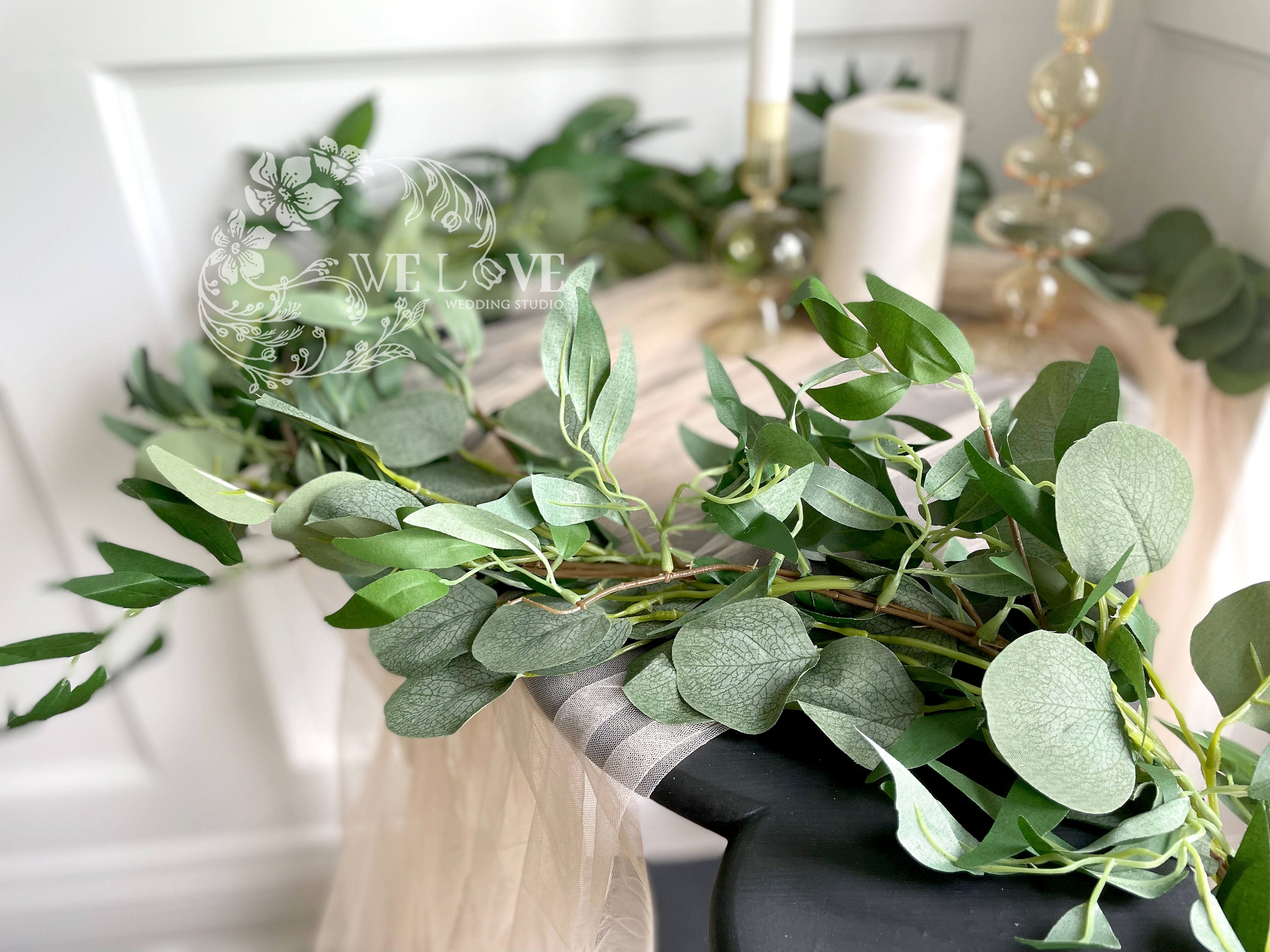 Garland of baby's breath and eucalyptus leaves for wedding and
