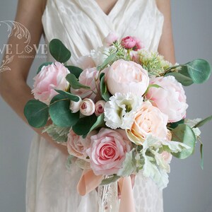 Boho Wedding Pink Roses/Beige Peonies Bouquet, Chic Bridal shower Bouquet, Elegant photoshoot Accessories and Home decor