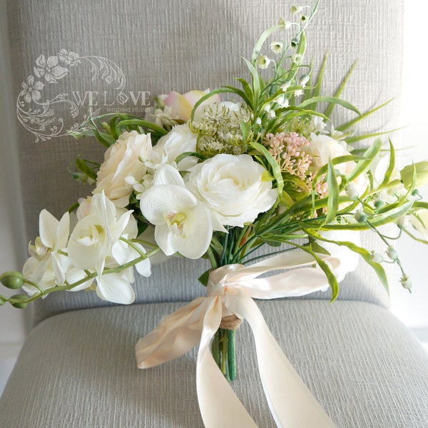 Bouquet de mariage d'orchidée blanche, bouquet de fille de fleur de demoiselle d'honneur de mariage blanc, fleurs de mariage personnalisées, bouquets de mariage de destination