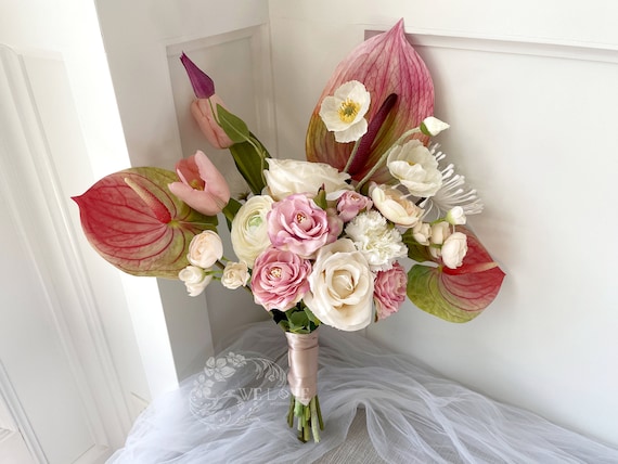 Stunning Bridal Bouquet, Pink and Cream-colored Anthurium, Tulips, Peonies,  Roses and Ranunculus, "freshly Gathered" Romantic Bouquet - Etsy