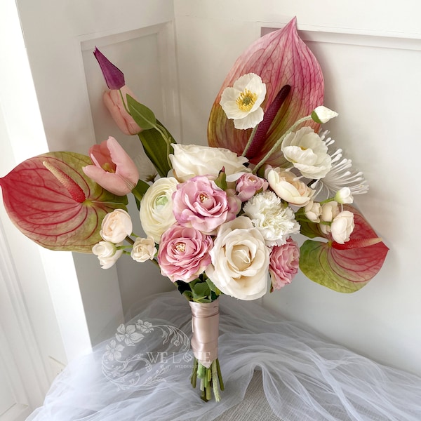 Stunning Bridal Bouquet, Pink and Cream-Colored Anthurium, Tulips, Peonies, Roses and Ranunculus,  "Freshly Gathered" Romantic Bouquet