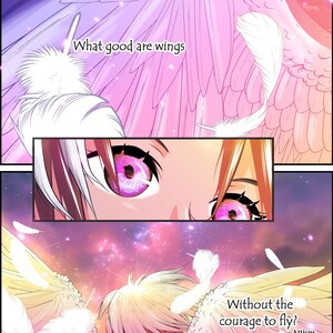 May include: A digital illustration of a person with white hair and pink eyes. The person is looking up at a pair of large white wings. The background is a pink and purple nebula with white feathers floating in the air. The text "What good are wings without the courage to fly? -Atticus" is written in the bottom right corner of the image.
