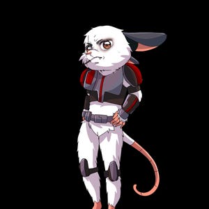 May include: An illustration of a white anthropomorphic mouse wearing a black and gray armored suit with red accents. The mouse has a pink tail and feet, and is standing against a black background.