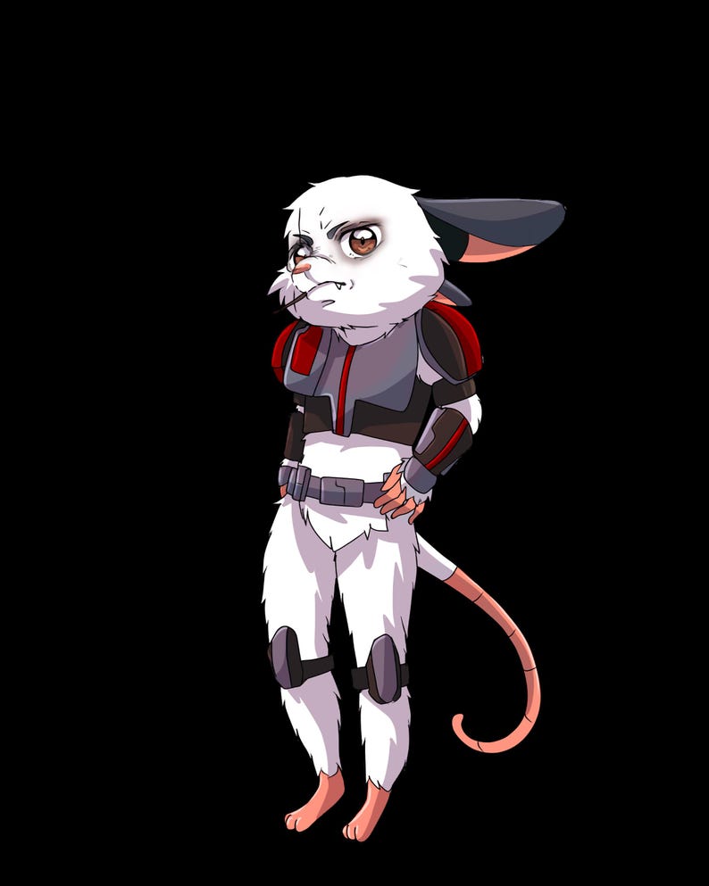 May include: An illustration of a white anthropomorphic mouse wearing a black and gray armored suit with red accents. The mouse has a pink tail and feet, and is standing against a black background.