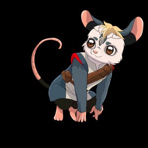 May include: A digital illustration of a mouse-like creature in a crouching position. The creature has a white face, large brown eyes, and large ears with pink and black accents. It wears a blue and red outfit with a brown belt and a tail.
